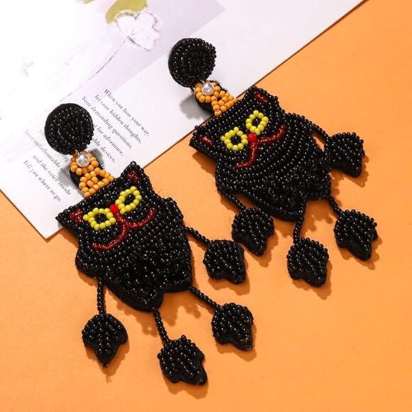 Black Cat Beaded Halloween Dangle Leg Pet Lovers Witch Theme Earrings - Picture 4 of 6